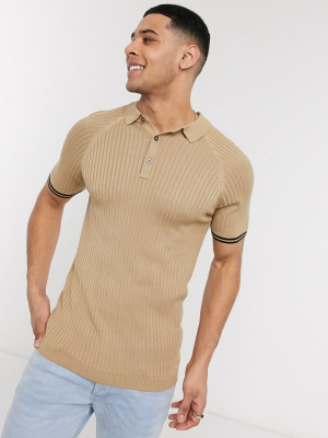 New Look Muscle Fit Knitted Polo In Tan