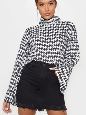 Mono Dogtooth Print Roll Neck Oversized Sweater