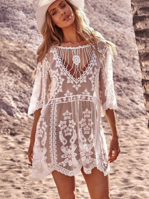 Sleeved Floral Lace Crochet Sheer Cover Up