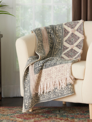 60"x50" Bohemian Embellished Stonewash Throw Blanket Natural - Mina Victory