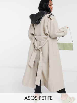 Asos Design Petite Trench Coat With Detachable Leather Look Hood In Stone