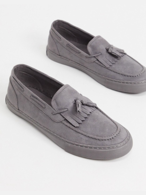 Asos Design Casual Loafer In Gray Faux Suede With Tassel