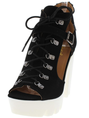 Crank04 Black Lace Up Platform Lug Sole Heel