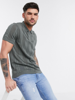 River Island Ribbed Polo In Khaki