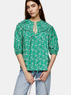 Petite Green Floral Puff Sleeve Blouse