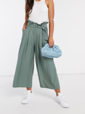 Vero Moda Culottes With Paper Bag Waist And Belt In Sage Green