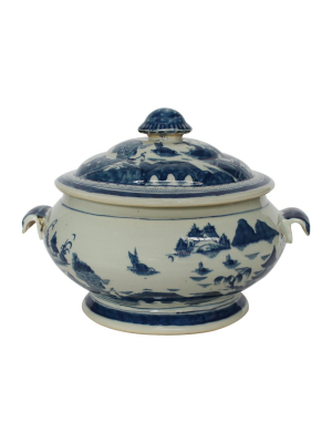 Oval Fruit Jar With Lid, Blue And White