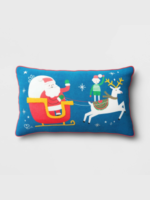 12"x20" Holiday Embroidered Santa Lumbar Throw Pillow Navy - Wondershop™
