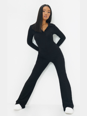 Petite Black Brushed Rib Polo Long Sleeve Wide...