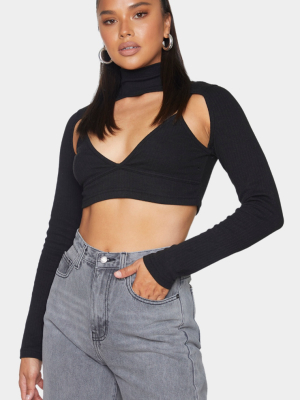 Black Rib Long Sleeve Cut Out Bralet Crop Top