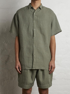 100% Linen Short Sleeve Shirt In Khaki - Mens
