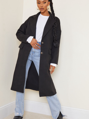 Black Wool Pointed Collar Pocket Front Midi Coat