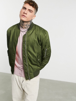 Asos Design Quilted Bomber Jacket With Ma1 Pocket In Khaki