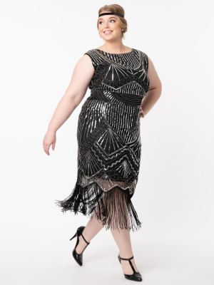 Unique Vintage Plus Size Black & Silver Sequin Therese Long Flapper Dress