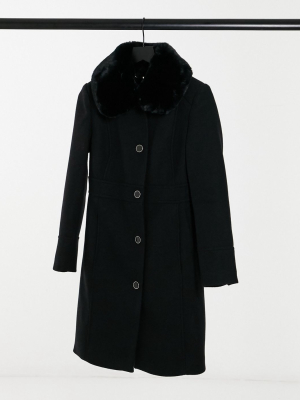 Ever New Long Coat With Faux Fur Collar In Black