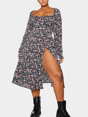 Plus Black Floral Print Cupped Split Detail...