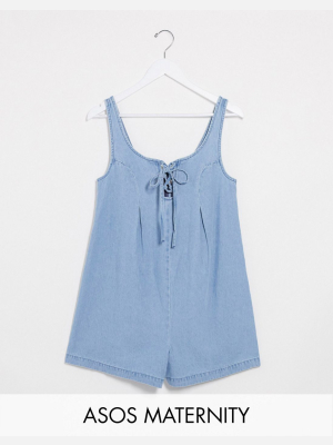 Asos Design Maternity Soft Denim Lace Up Romper In Lightwash Blue