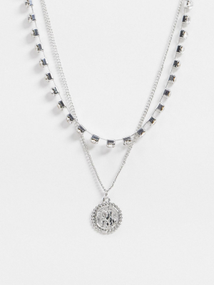 Asos Design Short Layered Neckchains With Coin Pendant And Crystal Chain In Silver Tone