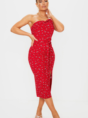 Red Floral Clear Strap Wrap Tie Waist Midi Dress