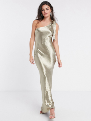 Pretty Lavish Satin One Shoulder Bow Tie Maxi Dress In Liquid Gold