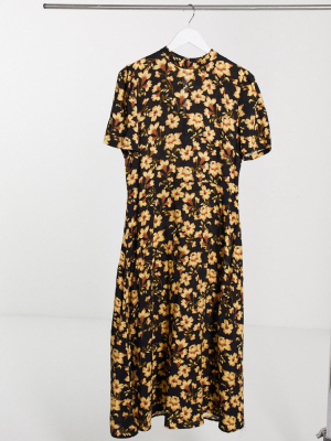 Vila Petite Midi Dress With Short Sleeves In Yellow Floral Print