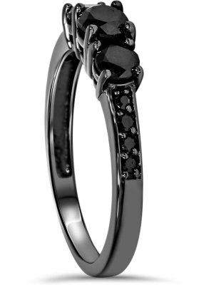 Pompeii3 1 1/5ct Heat Treated Black Diamond 3 Stone Ring 10k Black Gold