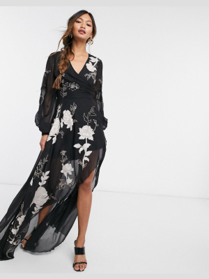 Asos Design Wrap Maxi Dress With Satin Applique Floral