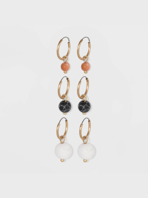 Semi-precious Black Howlite, White Howlite & Moonstone Multi Hoop Earring Set 3pc - Universal Thread™