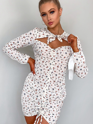 White Ditsy Floral Tie Neck Ruched Bodycon Dress