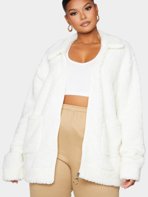 Plus Cream Teddy Pocket Front Oversized Jacket