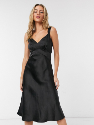 French Connection Satin Slip Midi Dress In Black