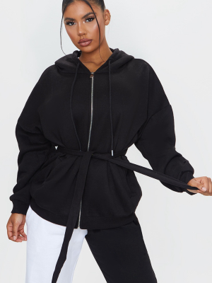 Black Oversized Longline Zip Belted Hoodie Jacket