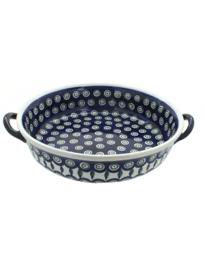 Blue Rose Polish Pottery Peacock Round Casserole With Handles