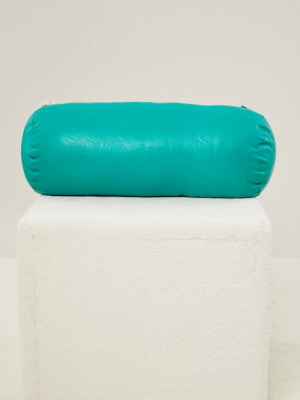 Casa Vegan Leather Roll Pillow In Blue Algae