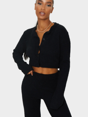 Black Premium Fluffy Knitted Crop Cardigan