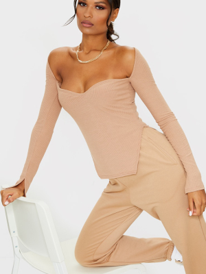 Stone Rib Sweetheart Neck Dip Hem Long Sleeve Top