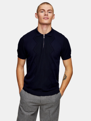 Navy Diamond Zip Knitted Polo