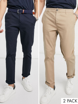 Asos Design 2 Pack Slim Chinos In Navy & Stone Save