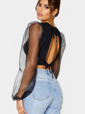 Tall Black Organza Sleeve Jersey Crop Top