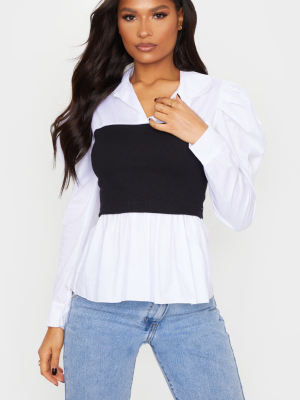 Black Rib Bust Panel White Puff Sleeve Shirt