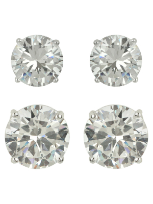 Sterling Silver Cubic Zirconia Duo Round Stud Earring Set 2pc - Clear
