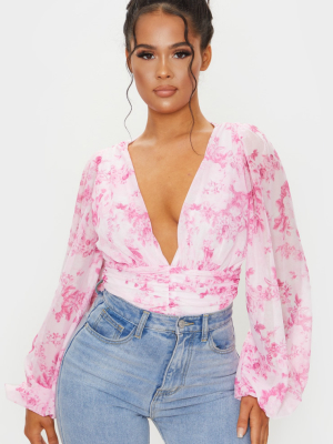 Pink Floral Mesh Ruched Waistband Bodysuit