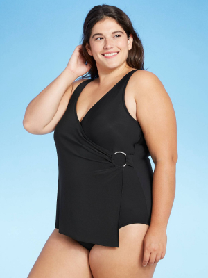 Women's Wrap Front Ring One Piece Swimsuit - Aqua Green® Black