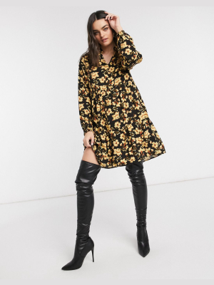 Vila Long Sleeve Smock Dress In Yellow Floral Print