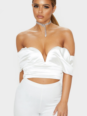 Petite Cream Satin Tie Back Plunge Crop Top