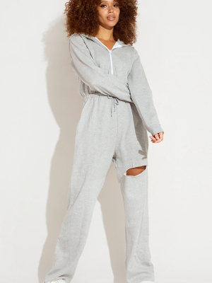 Grey Marl Knee Rip Hooded Sweat Jumpsuit