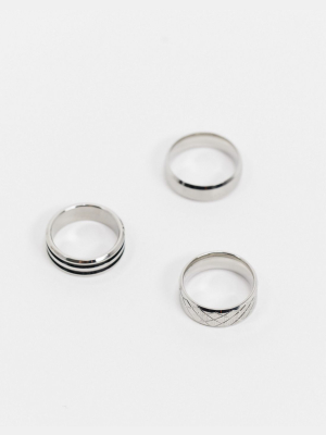 Asos Design Stainless Steel Band Ring Pack In Silver Tone