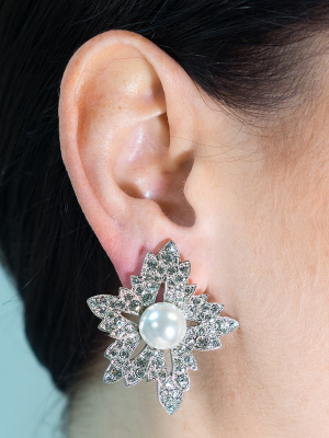 White Pearl Flower Clip Earrings