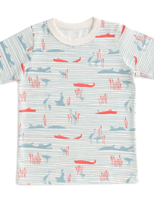 Short-sleeve Tee - Hippos & Crocodiles Ocean Blue & Coral