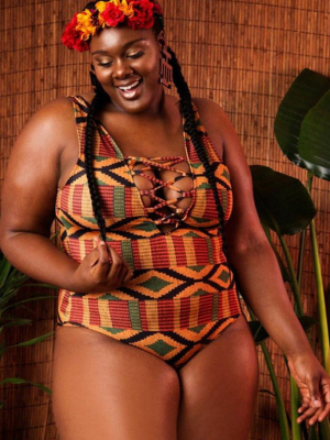 Plus Size Tribal Geometric Lace Up V Neck One Piece Swimsuit